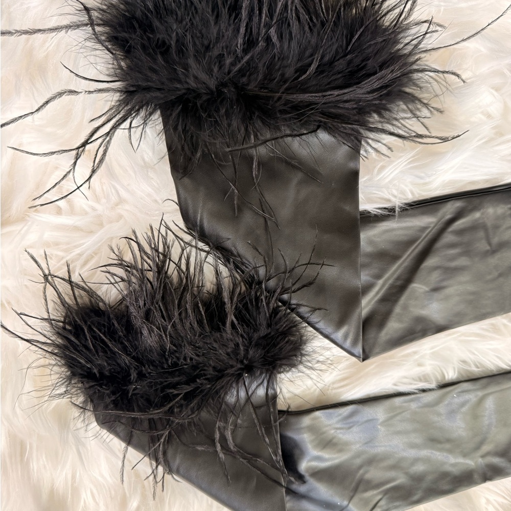 Black Faux Leather Gloves with Fur Trim
